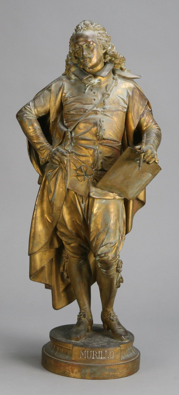 19th c. figural sculpture, artist signed: 19th cenutry patinated metal sculpture of 17th century Spanish painter Bartolomé Esteban Murillo, by sculptor Phillipe Mourey (French 1840-1910), artist signed and dated, 1881 Ph. Mourey, 32"h x 13"w