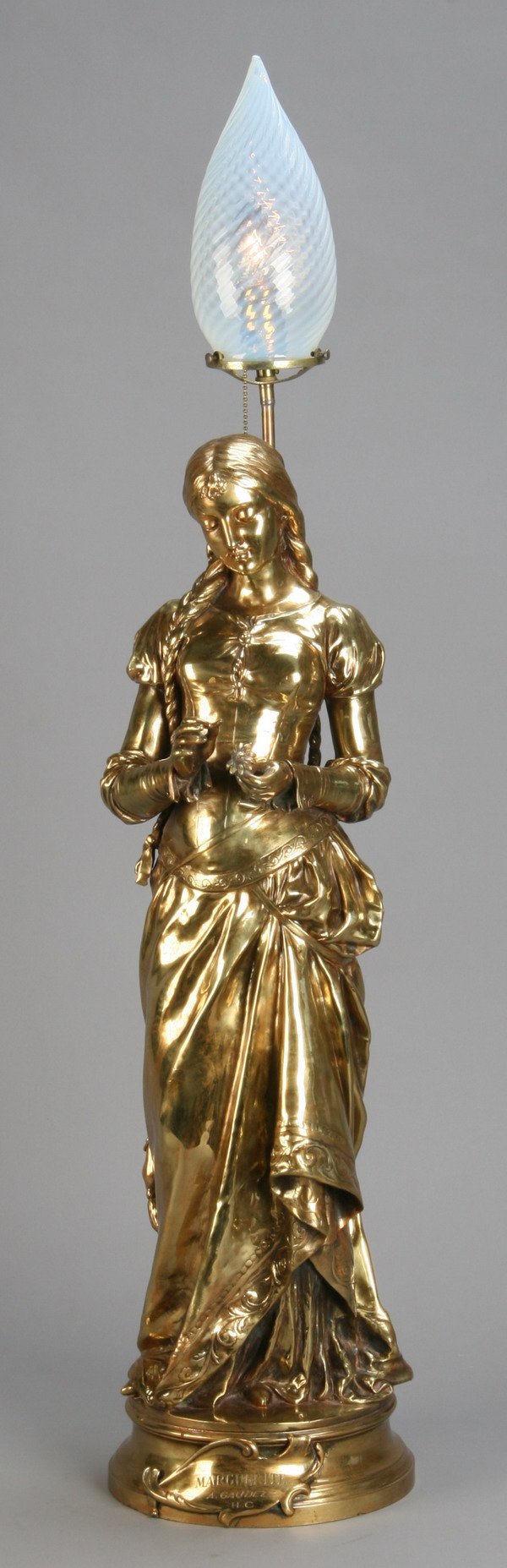 19th c. dore' bronze lamp, artist signed: 19th century French doré bronze lamp of a maiden, titled "Marguerite", artist signed A. Gaudez, 30"h.