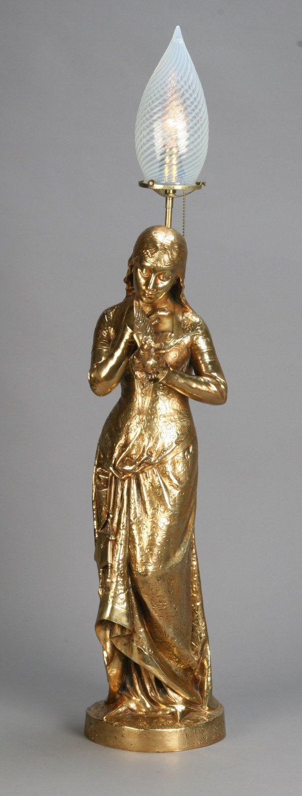 19th c. dore' bronze lamp, artist signed: 19th century French doré bronze lamp of a maiden with love bird, foundry marked L. Casne, and artist signed Pierre Ogé, 30"h.