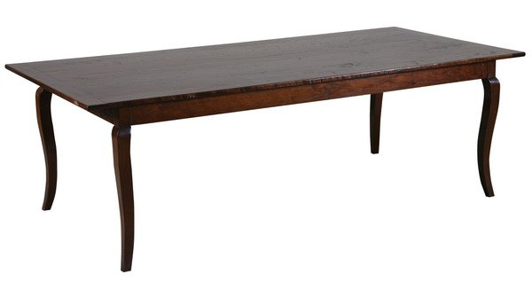 French farm table: Farm table handcrafted in France from reclaimed cherry timbers removed from a demolished belfry, assembled using pegged construction, on stylized cabriole legs, 30.5"h x 96"l x 44"w.