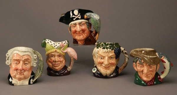 Group of 5 Royal Doulton Toby mugs: Group of 5 Toby mugs by Royal Doulton, includes The Lawyer, Ugly Duchess (from Alice in Wonderland), Bacchus, Long John Silver, and The Poacher, each 6 to 7"h.