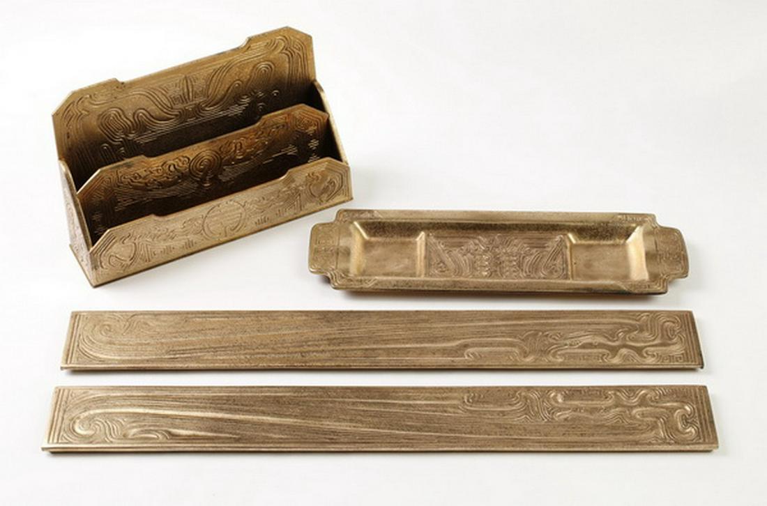 (4 pcs) Tiffany Studios dore bronze desk set, marked (1 of 10)