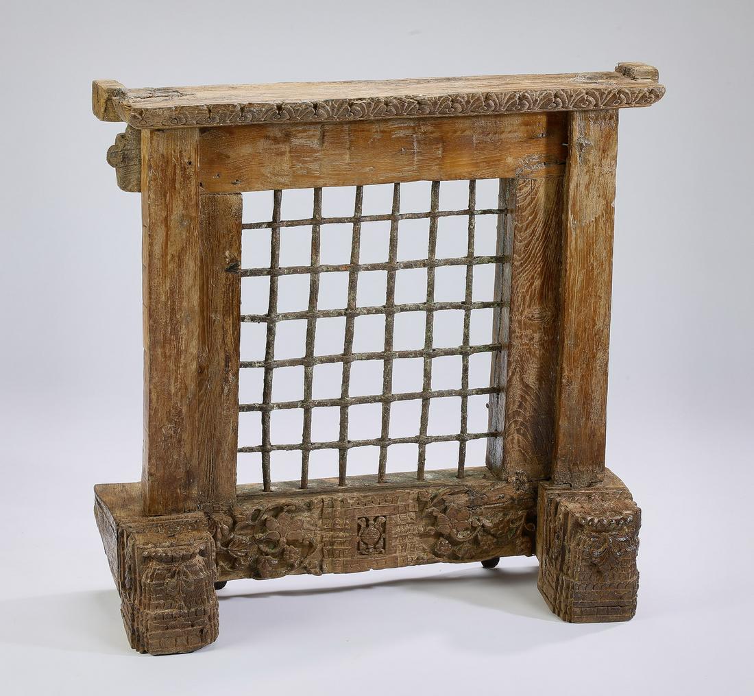 Vintage iron Indian jali screen w/ carved wood frame (1 of 7)