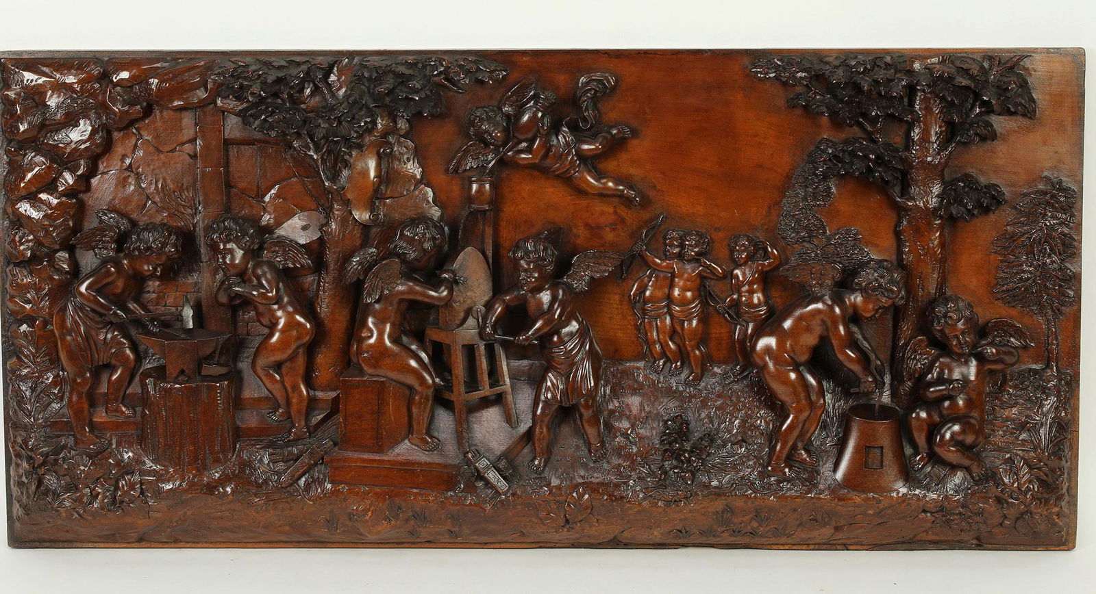 19th c. carved architectural panel w/ putti, 50"l (1 of 9)