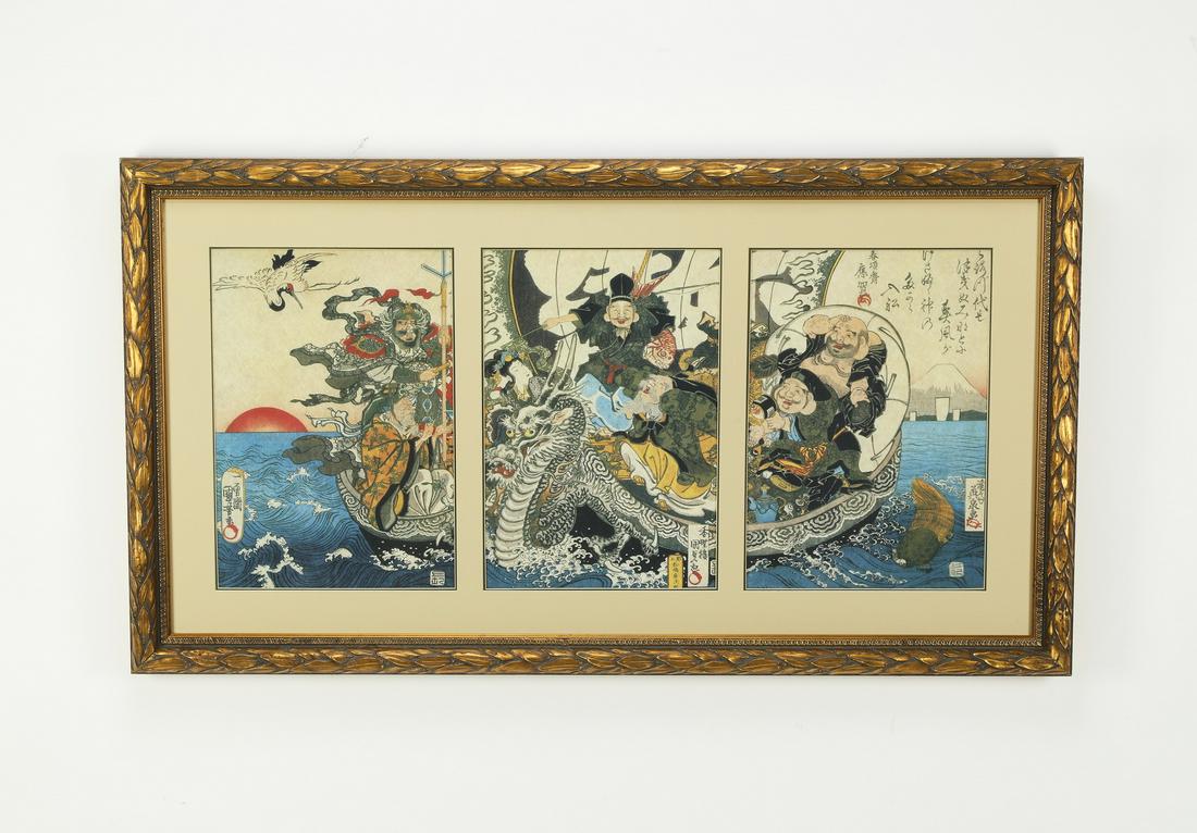 Signed Japanese woodblock triptych, c. 1920 (1 of 5)