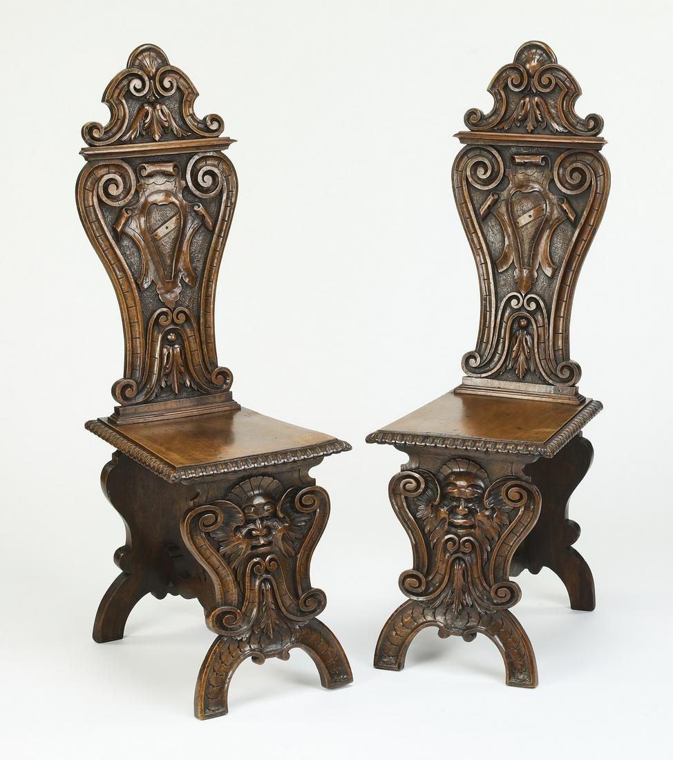 (2) 19th c. carved walnut Sgabello side chairs (1 of 4)