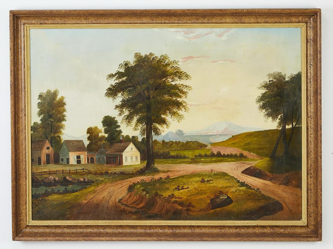 Attrib. Edmund C. Coates, O/C farm scene, 19th c.: Oil on canvas landscape attributed to Edmund C. Coates, (American 1816-1871), depicting a farm scene with small buildings next to a turnabout, with mountains in the far distance, having no apparent si