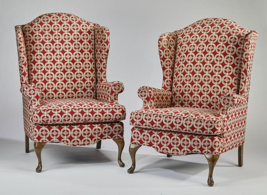 (2) Custom upholstered Queen Anne style wing chairs (1 of 3)