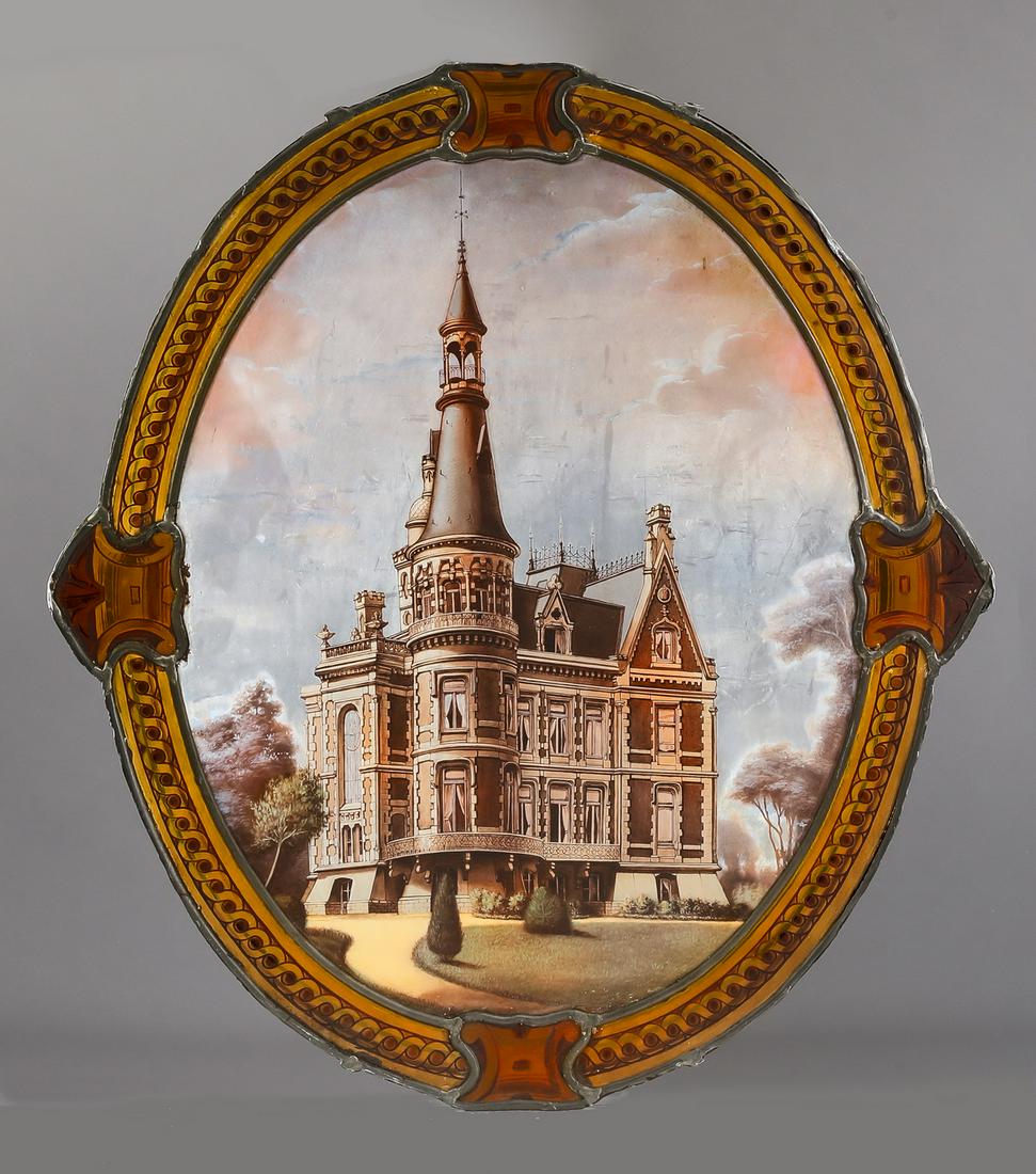 Early 20th c.reverse painted leaded glass panel, 25"h (1 of 3)