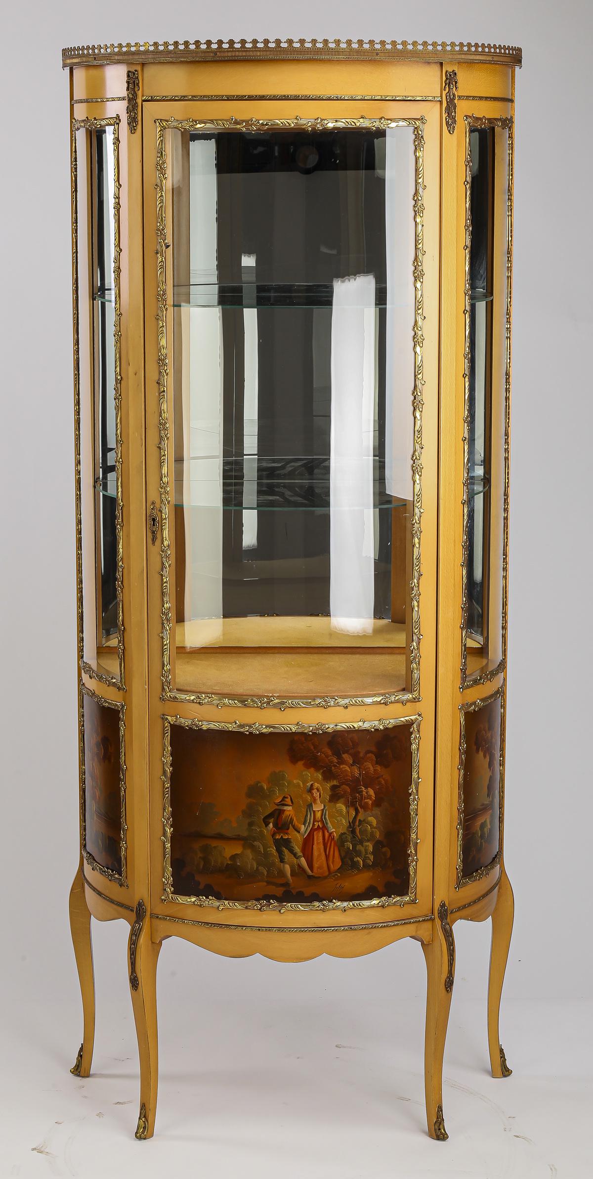 Vernis Martin style demi-lune vitrine w/gilt mounts: Vernis Martin style demi-lune vitrine with gilt mounts, having a pierced gallery over a glazed conforming cabinet, fitted with a door opening to two glass display shelves backed by a mirror, the lower