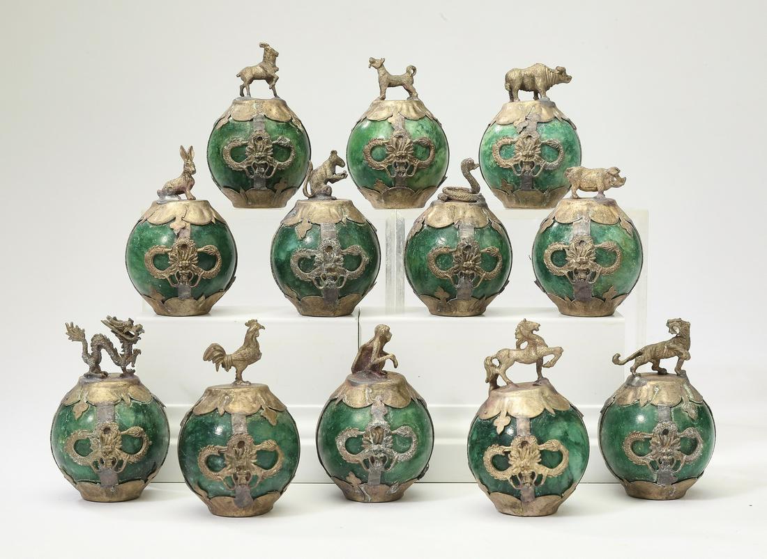 (12) Chinese hardstone and copper zodiac figures (1 of 2)