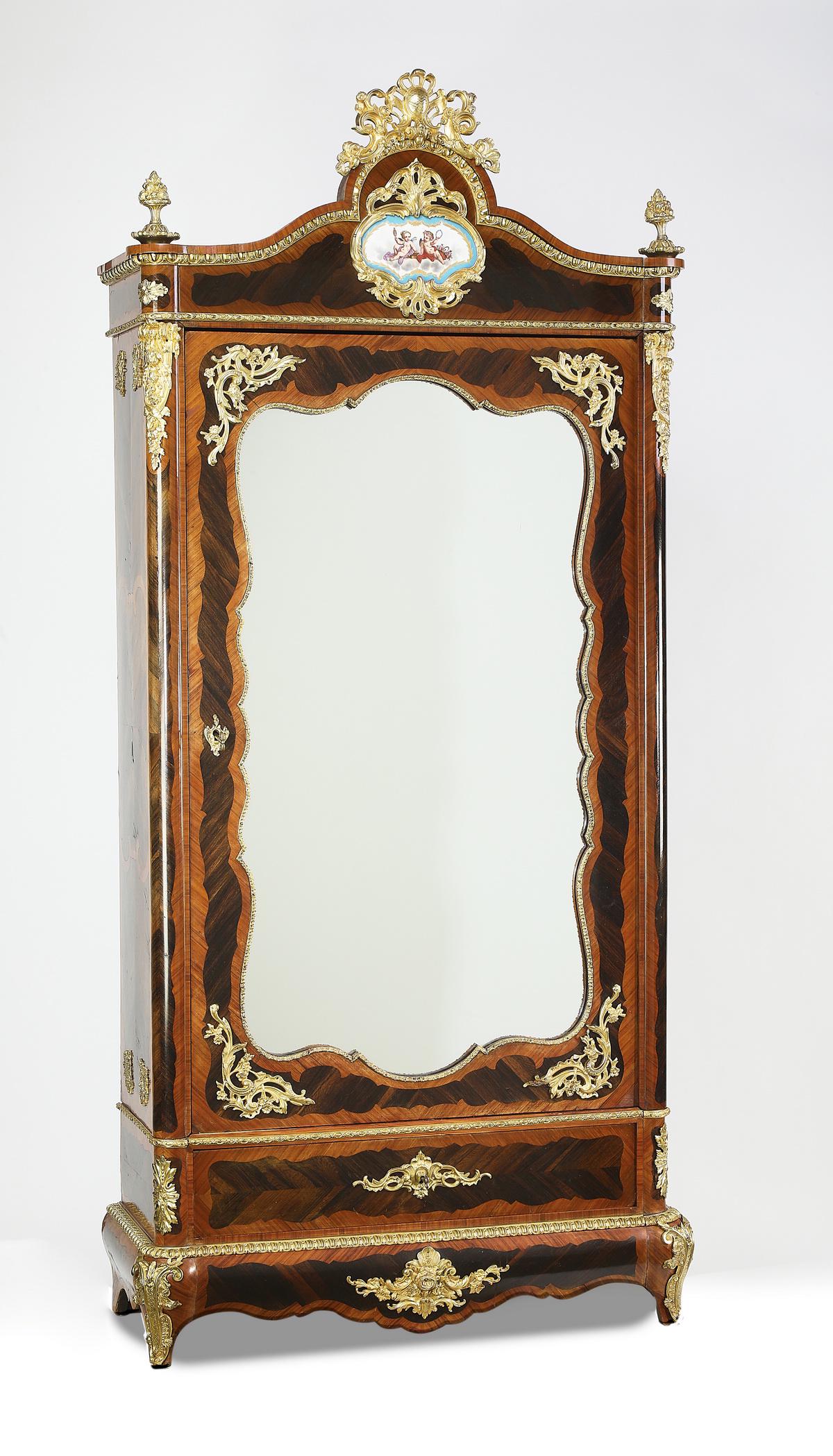 Louis XV style marquetry bronze mounted armoire: Louis XV style marquetry armoire, early 20th century, executed in walnut and satinwood, having a pierced cabachon and scrollwork cartouche surmounting the arched cornice inset with a Sevres style porc