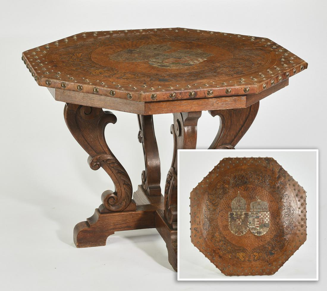 Early 20th c. leather top table w/ coat of arms (1 of 6)