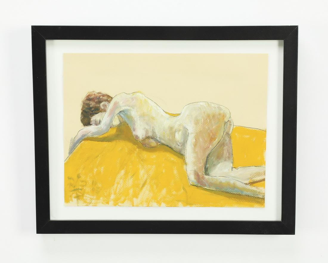 American School contemporary pastel nude: American School contemporary nude, 2003, executed in pastel and graphite on paper, depicting a nude lounging on a yellow bed, initialed illegibly and dated lower left, 9"h x 11.5"w, overall dimensions