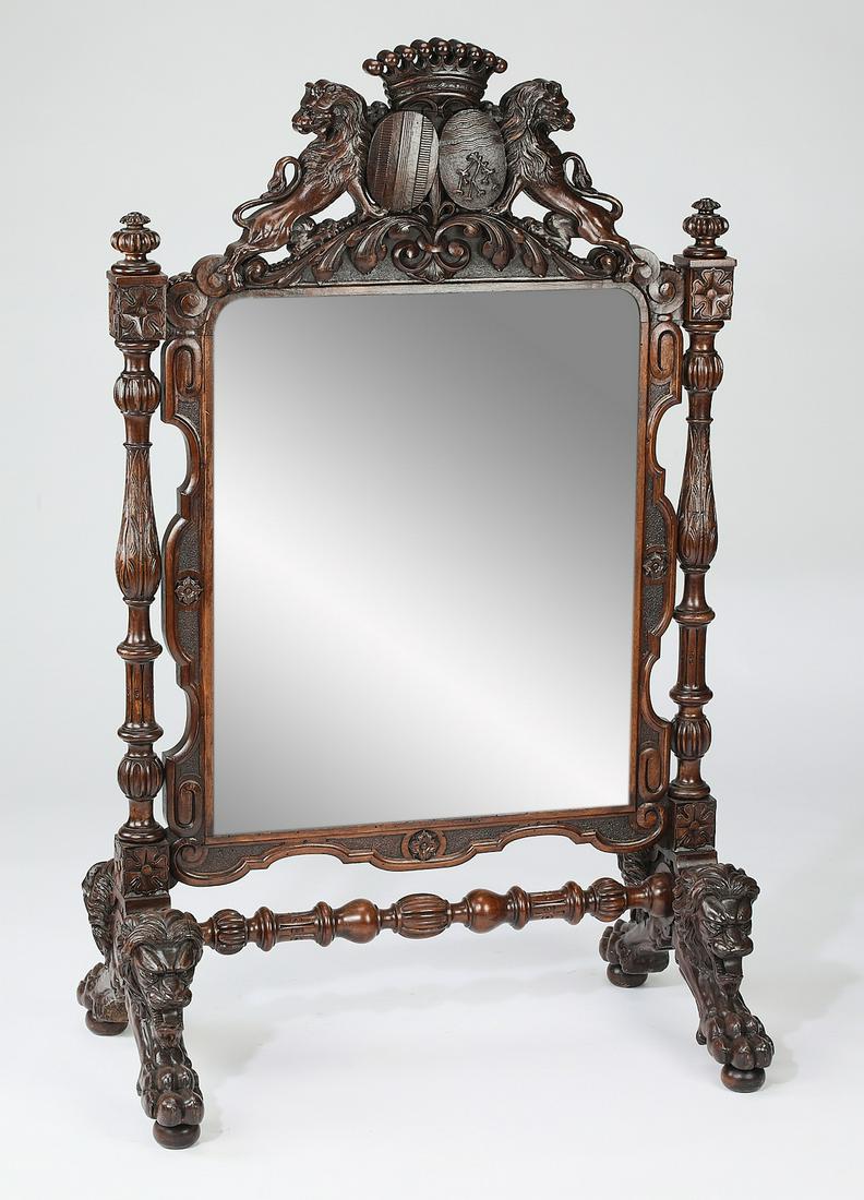 19th c. carved dressing table mirror w/heraldic crest (1 of 3)