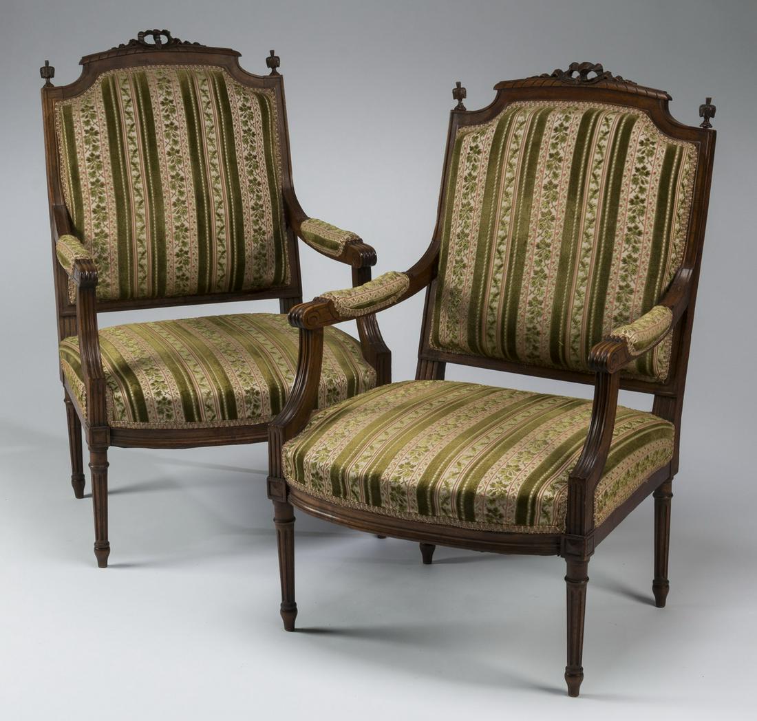 (2) 19th c. Louis XVI style carved walnut fauteuils (1 of 2)