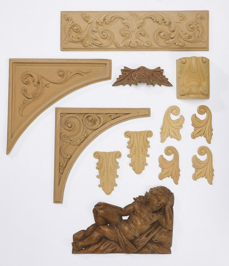 (12) Continental carved wood appliques: Group of (12) carved wood appliques, each ready for your own stained or painted finsih, including (1) depicting a lounging nude beauty, 5.5"h x 8.75"w x 0.75"d, (4) of scrollwork form, 3.5"h x 2"w x 0