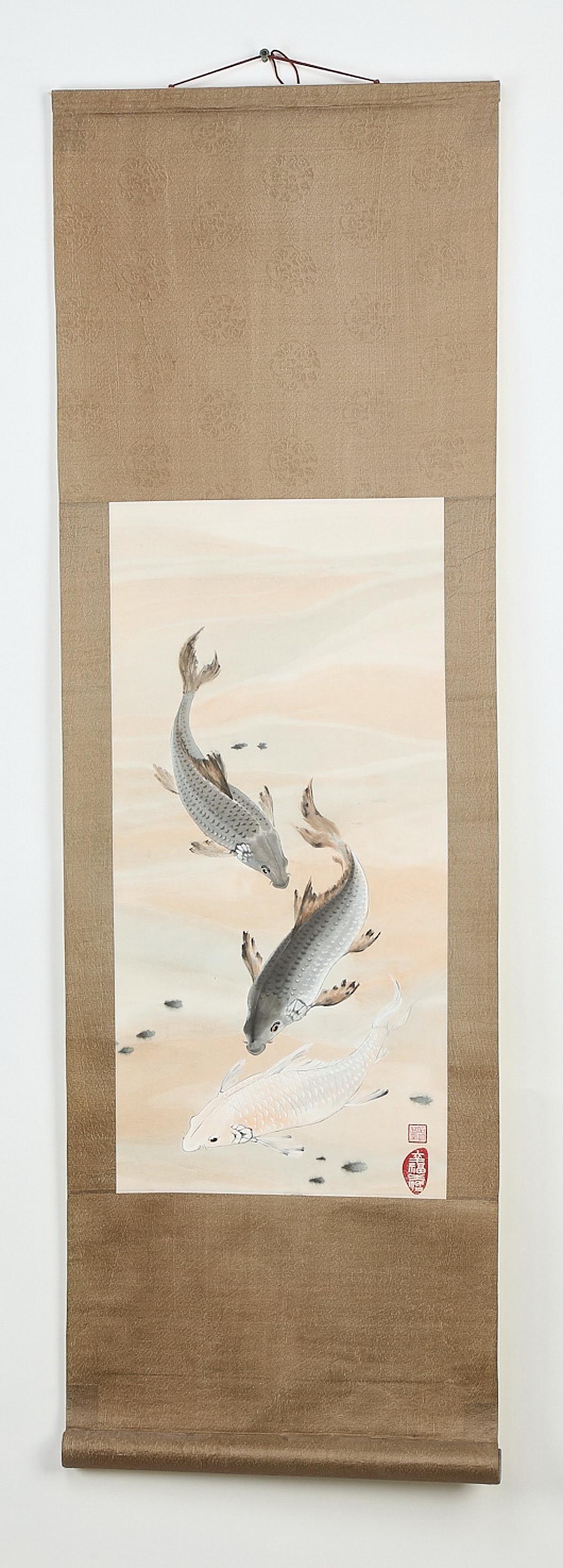 Chinese hand painted scroll with carp (1 of 4)