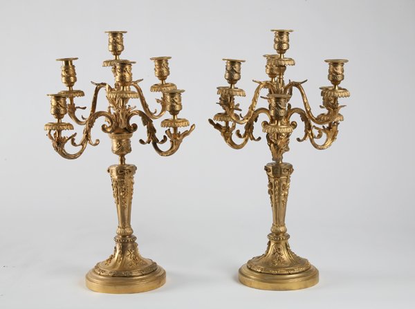 Pair of dore' gold over bronze candelabra: Pair of Louis XV-style dore' gold over bronze 7-light candelabra, 20"h.