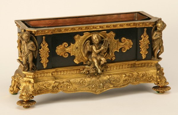 19th century dore' bronze compote: 19th century Louis XVI-style gold dore' and patinated bronze compote, 9.5"h x 19"l x 7"w.
