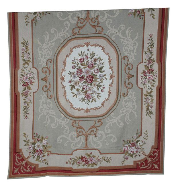 Portuguese needlepoint area rug: Portuguese needlepoint Aubusson-style area rug, 116"l x 93"w.