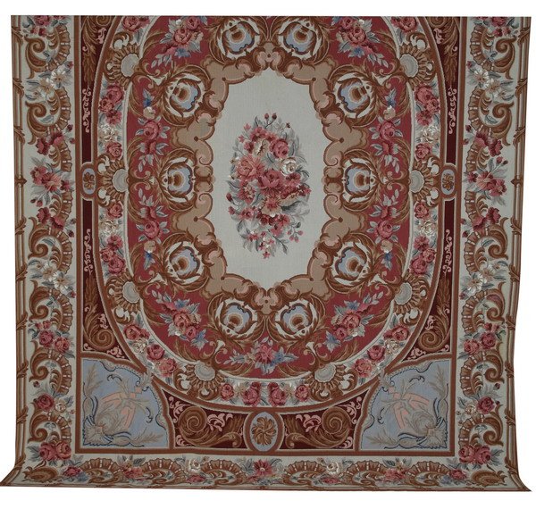 Portuguese needlepoint area rug: Portuguese needlepoint Aubusson-style area rug, 144"l x 108"w.