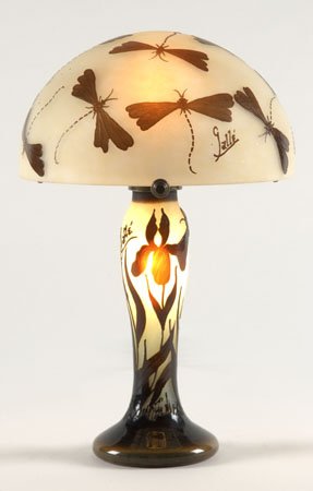 French art glass-style table lamp: French art glass lamp, signed Galle', with papillon (butterfly) cameo glass designs on the shade, 20"h x 12" diam.
