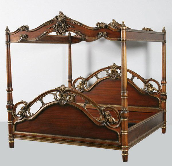 Carved mahogany king size canopy bed: Parcel gilt carved mahogany king size canopy bed with shell carved foliate designs throughout, overall size 88"h x 83"w x 87"l.