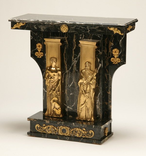 19th century Empire-style marble pedestal: Late 19th century Empire-style dore' bronze mounted portoro marble pedestal, with bronze figural pilasters, 30"h x 30"l x 12"d.