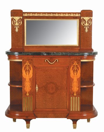 19th century French Empire inlaid buffet: 19th century French Empire D-shaped server features mirrored back with doré mounts over verde marble top, on base with marquetry inlay in the shape of winged maidens, and drawers and doors with doré