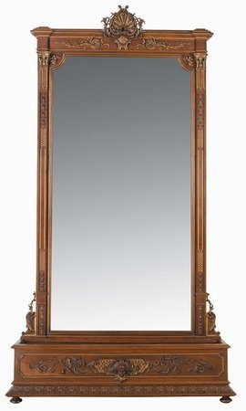 Monumental 19th century Italian pier mirror: Monumental 19th century Italian Renaissance Revival parcel gilt and incised, carved walnut, beveled glass pier mirror with tin lined planter box that features a life-like maiden's head surrounded by s