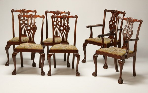 Set of six 19th century mahogany dining chairs: Set of 6 late 19th century Cuban mahogany American Chippendale-style dining chairs with ball and claw feet upholstered in tapestry-style fabric, 4 side chairs and 2 arm chairs, arm chair 39"h x 24.5"w