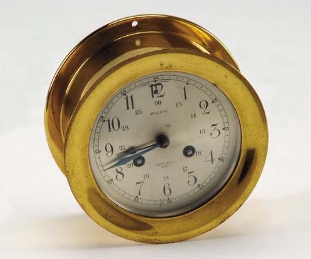 19th century ship's clock: 19th century Salem ship's bell 8-day brass clock, 5.5"diam.
