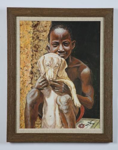 Late 20th c. Cuban oil on canvas, signed Barrero: 20th century oil on canvas "Boy With His Dog", by Cuban artist Fabian Martinez Barrero, 24"h x 20"w.