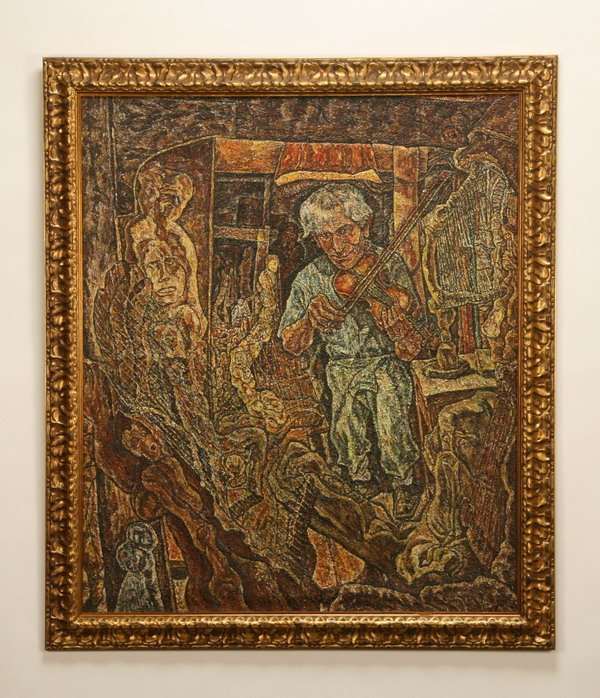 O/c portrait of Samuel Rothbort by L. Rothbort: "Pop Playing Violin," portrait by Lawrence Rothbort (American 1920 - 1963) of his father, Impressionist painter Samuel Rothbort (American 1882 - 1971), stamped on back, oil on canvas, 54"h x 46"w.