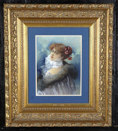 19th c. French gouache portrait, signed F. Schmidt: Late 19th or early 20th century portrait, signed F. Schmidt, Paris (1873-1941), gouache, 16"h x 12"w.