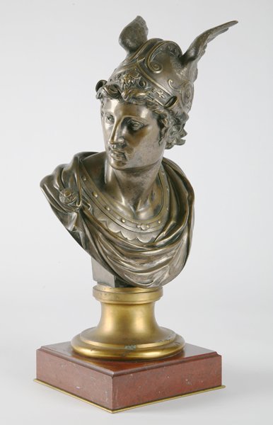 19th century bronze bust of Mercury: 19th century bronze bust of Mercury with silver and gold dore' accents on a rouge marble base, 20"h.