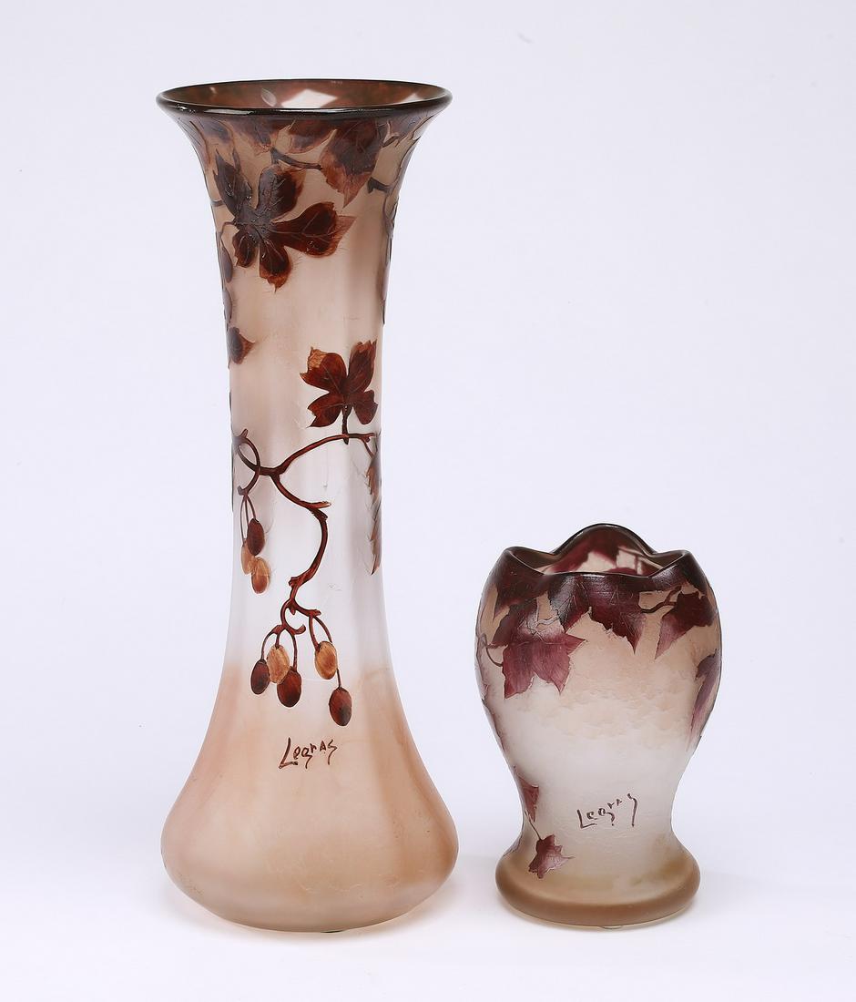 (2) Legras tri-color cameo glass footed vases, marked (1 of 4)
