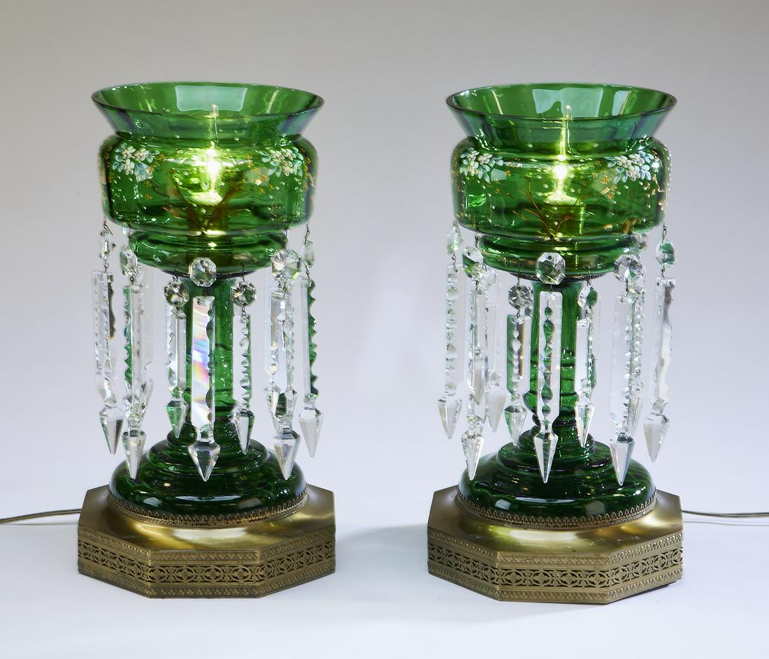 (2) Bohemian enamel decorated glass lustre lamps (1 of 3)