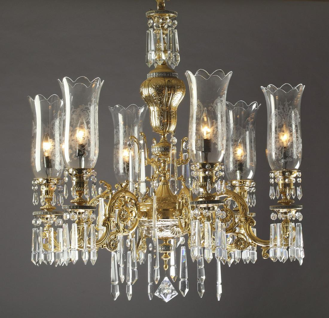 Continental gilt bronze chandelier w/ Baccarat shades (1 of 2)