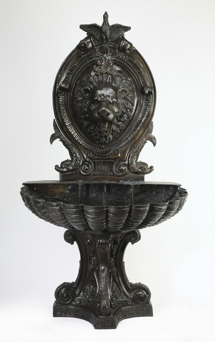 Bronze lion mask shell-form fountain, 64"h (1 of 5)