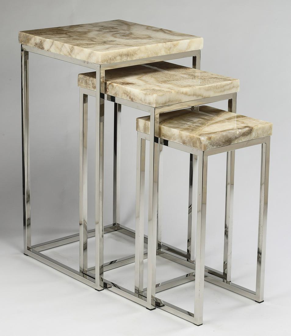 Set of (3) contemporary onyx & chrome nesting tables (1 of 5)
