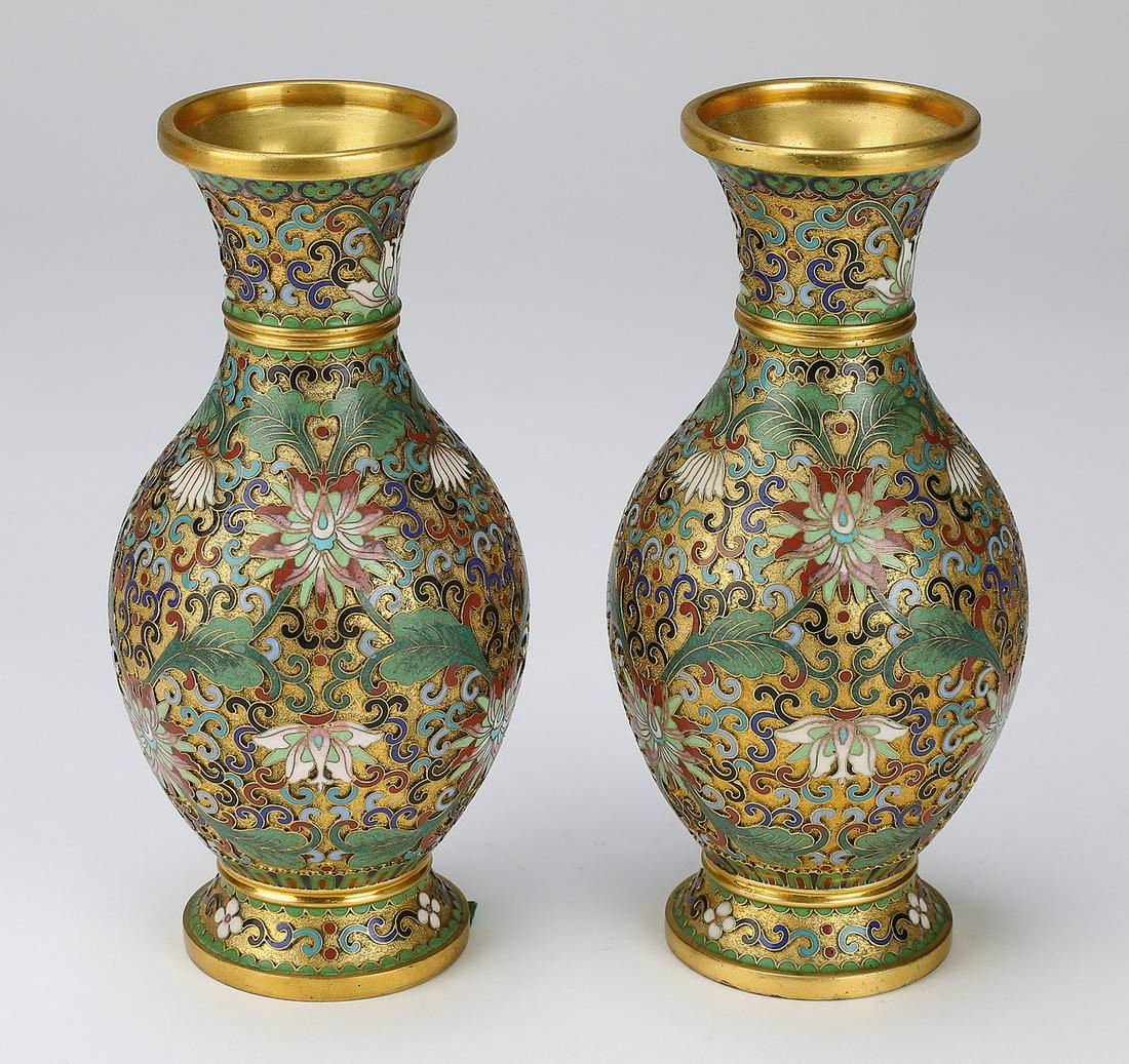 (2) Chinese champleve vases w/ lotus scroll (1 of 6)