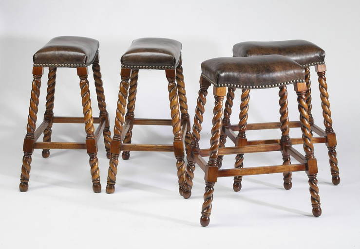 (4) Carved Bar Stools With Leather Seats