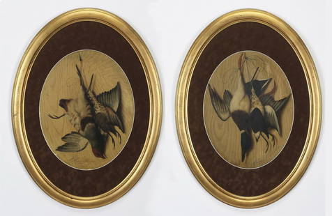 (2) Michelangelo Meucci O/panel hunt trophies,1877: Michelangelo Meucci (Italian-American, 1840-1905), pair of framed 19th century oil on panel still life paintings depicting hunt trophies, each artist signed, inscribed and dated 'M. Meucci / Firenze /