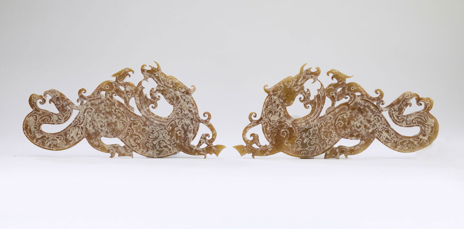 (2) Chinese carved jade dragon and pheonix plaques (1 of 9)