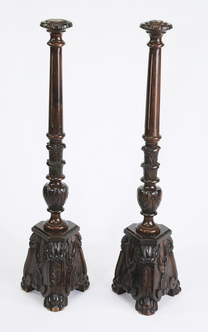 (2) 19th c. carved floor candlesticks, 43"h (1 of 4)