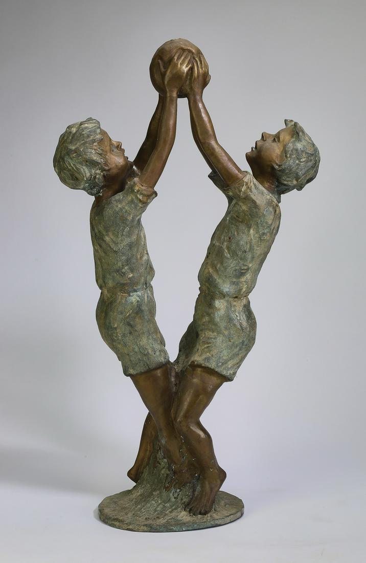 Bronze sculpture of two boys grasping a ball, 26"h (1 of 3)