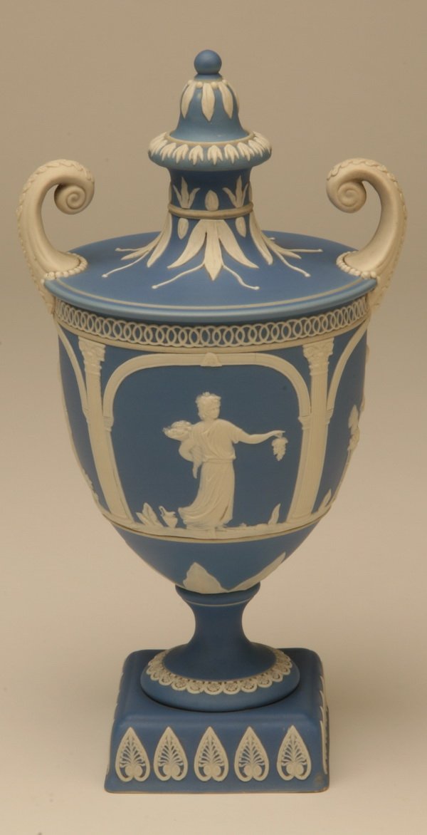 Wedgewood Jasperware lidded amphora: Greek Revival-style Jasperware lidded amphora, marked Wedgewood, 11"h.