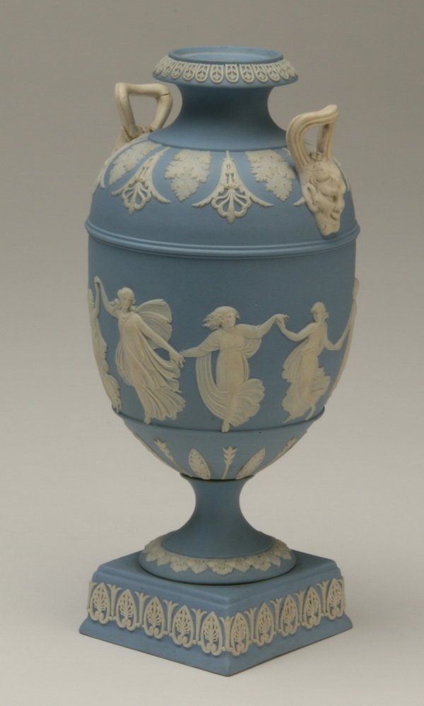 Wedgewood Jasperware urn: Jasperware urn with dancing maidens, marked Wedgewood, 8"h.